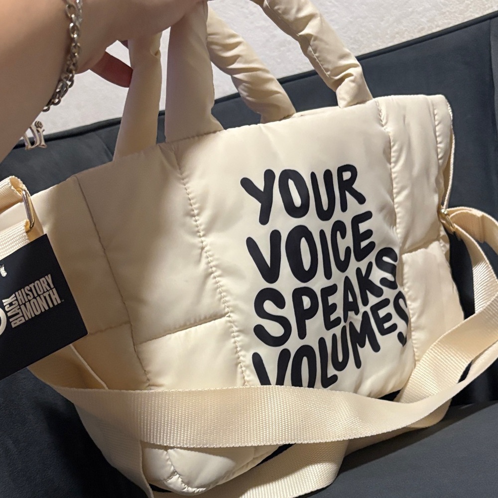 Cream Quilted Tote with Bold Text